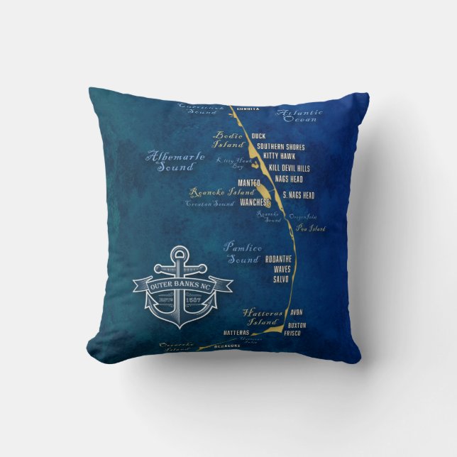 Nautical Outer Banks Map Throw Pillow (Front)