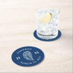 Nautical Oyster Shell Monogram with Name Date Round Paper Coaster<br><div class="desc">Perfect for a coastal wedding,  engagement party or other event,  this round navy blue paper coaster features easy to edit text surrounding an illustrated oyster shell to add a bit of coastal flair to parties,  receptions and even your home bar.</div>