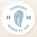 Nautical Oyster Shell Monogram with Name Date Round Paper Coaster<br><div class="desc">Perfect for a coastal wedding,  engagement party or other event,  this custom ink stamp features easy to edit text surrounding an illustrated oyster shell to add a bit of coastal flair to envelopes,  favors and more.</div>