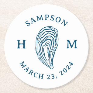 Nautical Oyster Shell Monogram with Name Date Round Paper Coaster