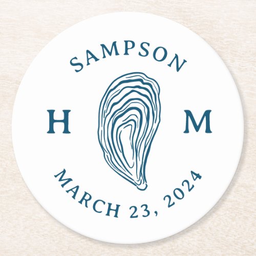 Nautical Oyster Shell Monogram with Name Date Round Paper Coaster