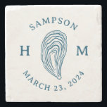 Nautical Oyster Shell Monogram with Name Date Stone Coaster<br><div class="desc">Perfect for a coastal wedding gift,  a beach house warming gift,  or just to bring a little of that seaside vibe to your own home,  this stone coaster features easy to edit text surrounding an illustrated oyster shell.</div>