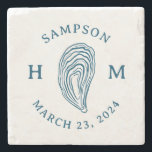 Nautical Oyster Shell Monogram with Name Date Stone Coaster<br><div class="desc">Perfect for a coastal wedding gift,  a beach house warming gift,  or just to bring a little of that seaside vibe to your own home,  this stone coaster features easy to edit text surrounding an illustrated oyster shell.</div>