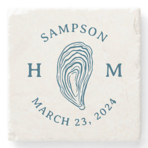 Nautical Oyster Shell Monogram with Name Date Stone Coaster