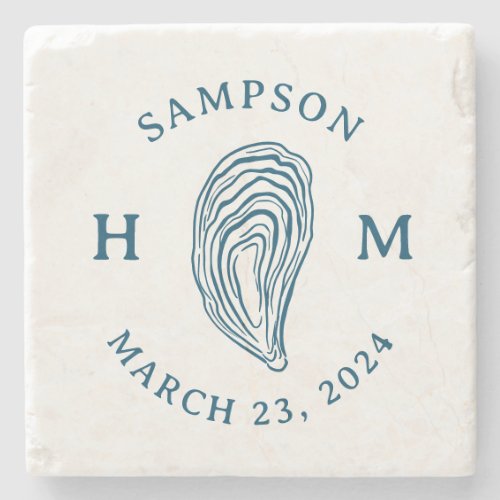 Nautical Oyster Shell Monogram with Name Date Stone Coaster