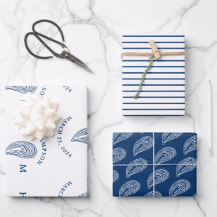 Nautical Oyster Shell Monogram with Name Date Wrapping Paper Sheets