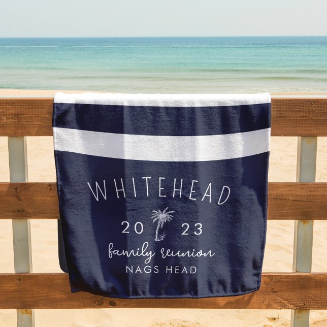 Nautical Palm Stripe Navy Monogram Beach Towel (Creator Uploaded)