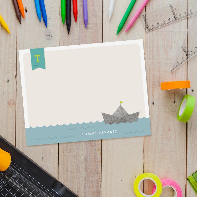 Nautical Paper Boat Monogram Flag Kid's Stationery Invitation (Creator Uploaded)