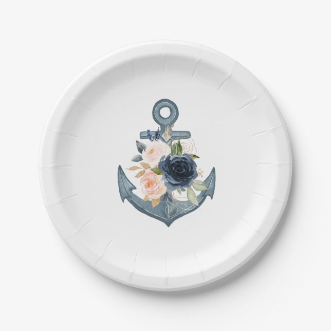 Nautical Paper Plate with Floral Anchor (Front)