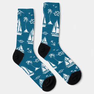 Nautical Paradise: Blue Sailing Boat & Palm Socks