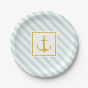 Nautical Pastel Blue Stripes Golden Anchor Paper Plates