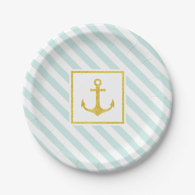 Nautical Pastel Blue Stripes Golden Anchor Paper Plates (Front)