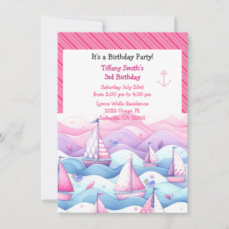 Nautical Pastel Sailboat Girls Birthday Invitation