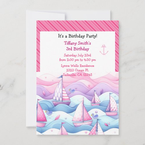 Nautical Pastel Sailboat Girls Birthday Invitation