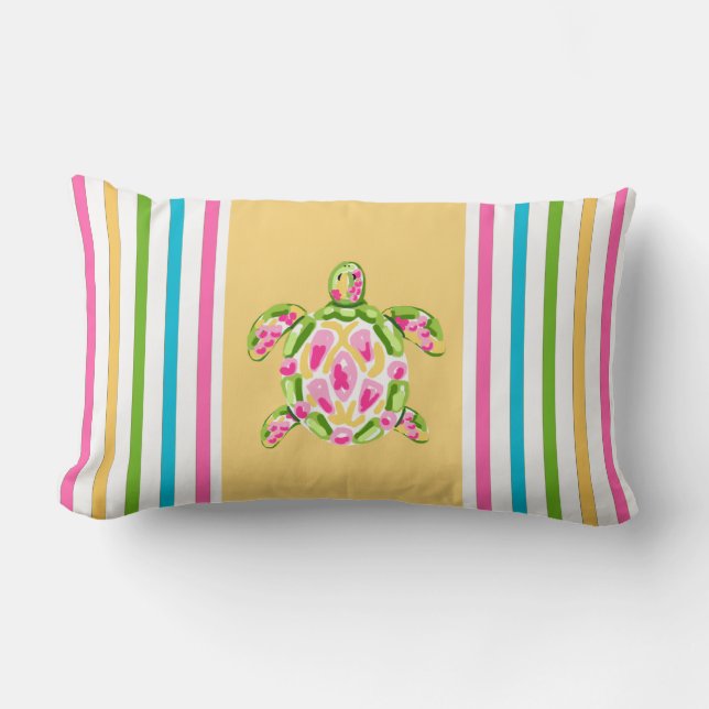 Nautical Pastel Stripe Throw Pillow with Turtle (Front)