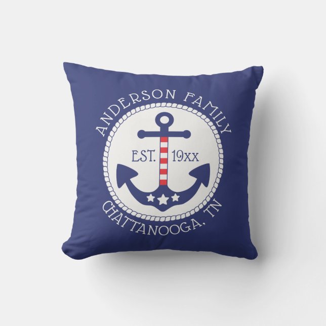 Nautical Patriotic Anchor Family Name Outdoor Pillow (Front)