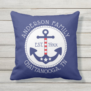 Nautical Patriotic Anchor Family Name Outdoor Pillow