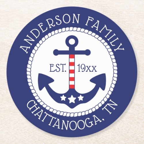 Nautical Patriotic Anchor Family Name Round Paper Coaster