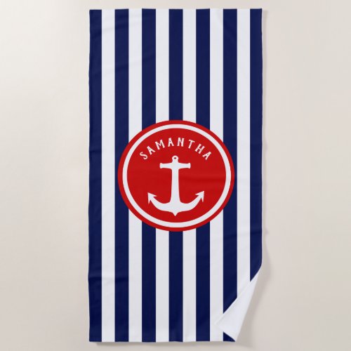 Nautical Patriotic Red White Blue Stripes Anchor Beach Towel
