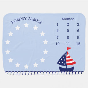 Nautical Patriotic Sailboat Blue Monthly Milestone Baby Blanket