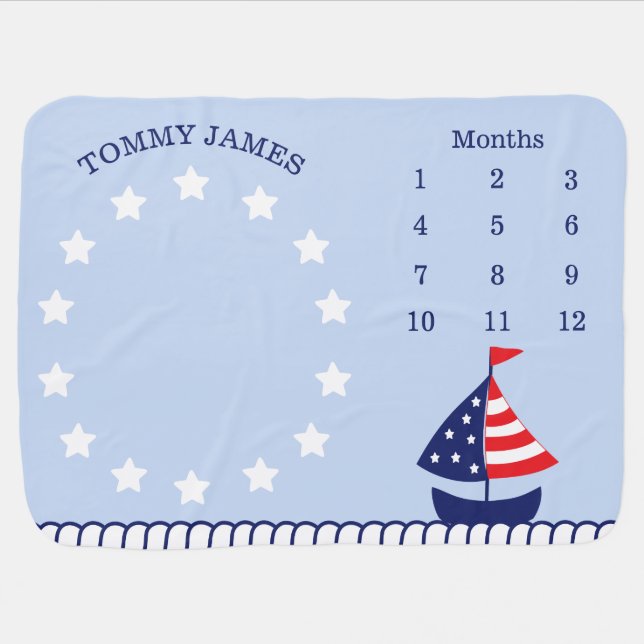 Nautical Patriotic Sailboat Blue Monthly Milestone Baby Blanket (Horizontal)