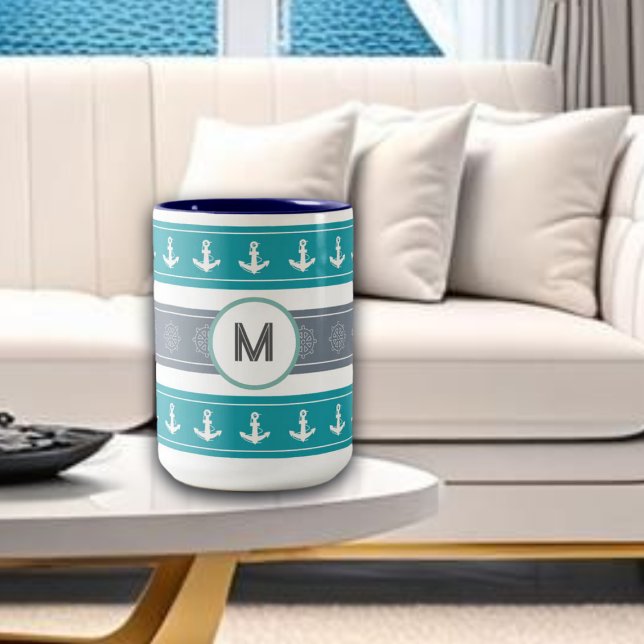 Nautical Pattern Boat Elements Two-Tone Coffee Mug (Creator Uploaded)
