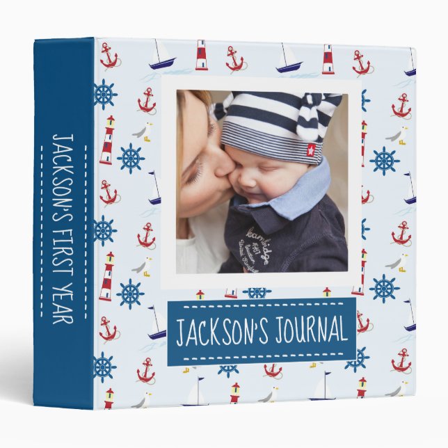 Nautical Pattern Custom Baby Photo 3 Ring Binder (Front/Spine)
