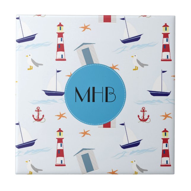 Nautical Pattern, Marine Pattern, Monogram Ceramic Tile (Front)