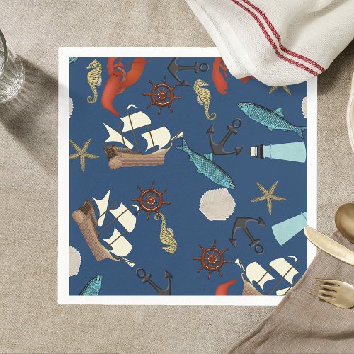 Nautical Pattern On Navy Blue Napkins