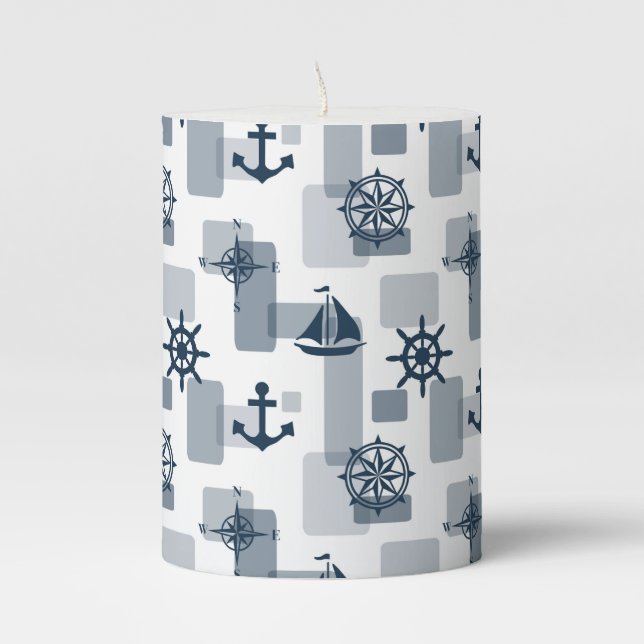 Nautical pattern pillar candle (Front)