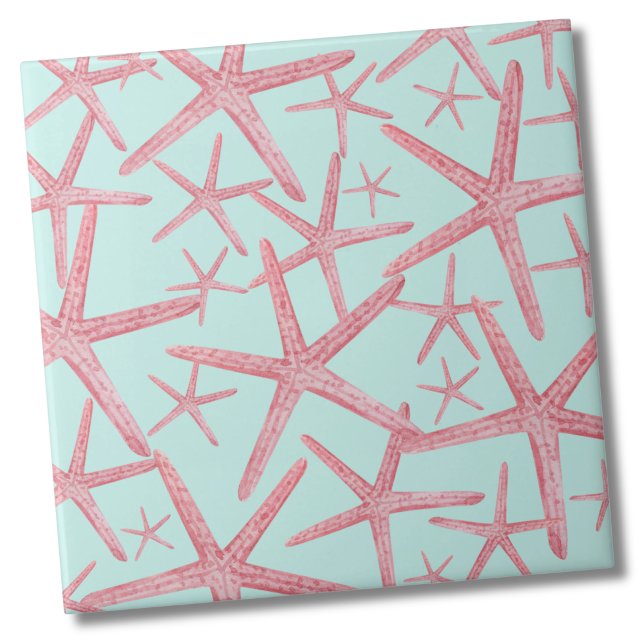 Nautical Pattern Starfish Beach House Ceramic Tile (Teal Pink Nautical Starfish Sea Beach Pattern Ceramic Tile)