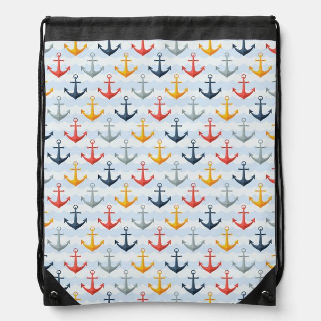 Nautical Pattern with Anchors Drawstring Bag (Front)