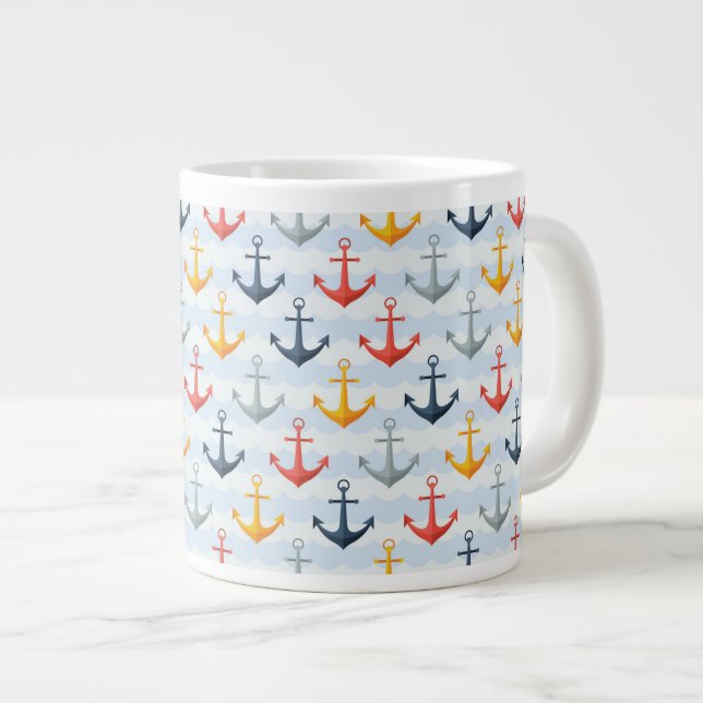 Nautical Pattern with Anchors Large Coffee Mug (Front Right)