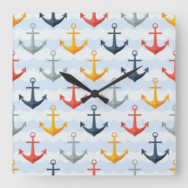 Nautical Pattern with Anchors Square Wall Clock (Front)