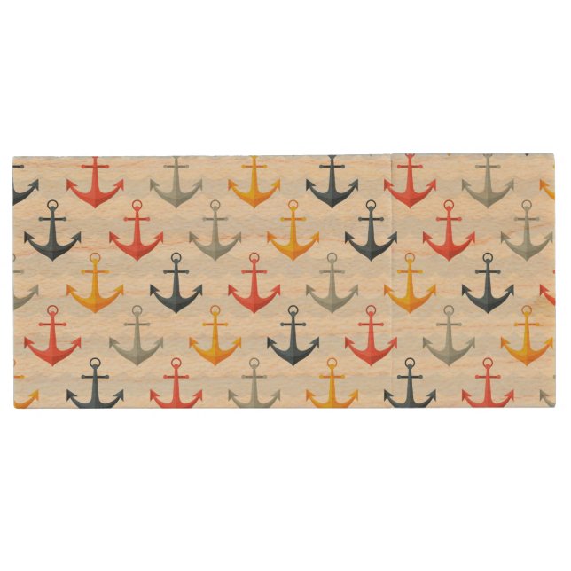 Nautical Pattern with Anchors Wood Flash Drive (Front)
