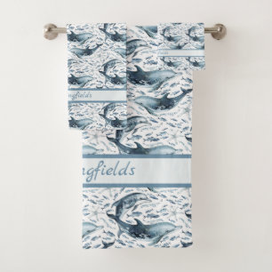 Nautical Pattern with Dolphins and Fishes Bath Towel Set