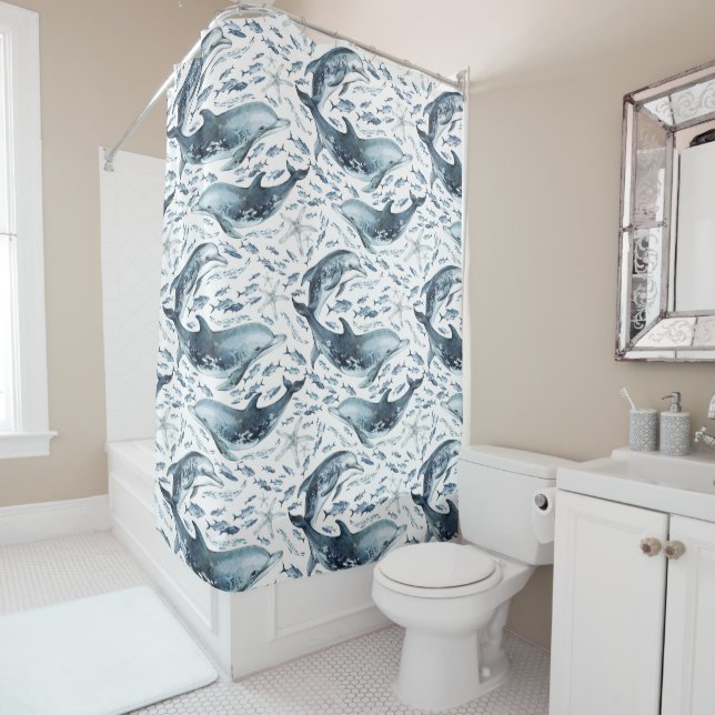 Nautical Pattern with Dolphins and Fishes Shower Curtain (In Situ)
