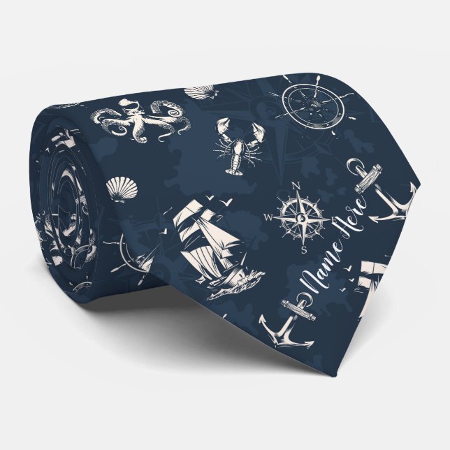 Nautical Pattern with Name Neck Tie (Rolled)