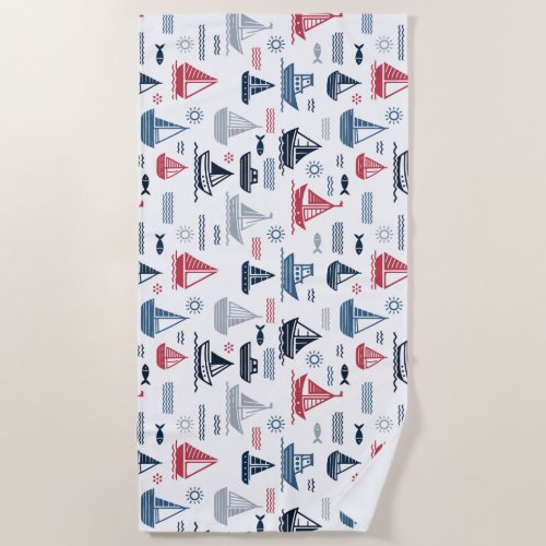 Nautical Pattern with Sailboats and Fish Beach Towel