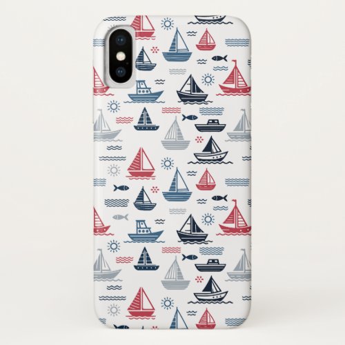 Nautical Pattern with Sailboats and Fish iPhone X Case