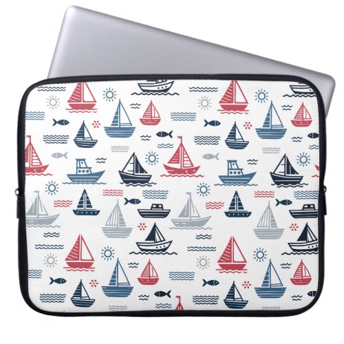 Nautical Pattern with Sailboats and Fish Laptop Sleeve