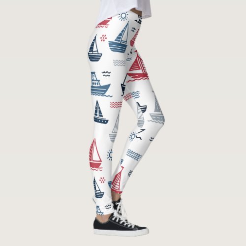 Nautical Pattern with Sailboats and Fish Leggings