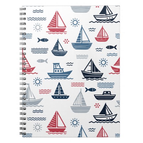 Nautical Pattern with Sailboats and Fish Notebook