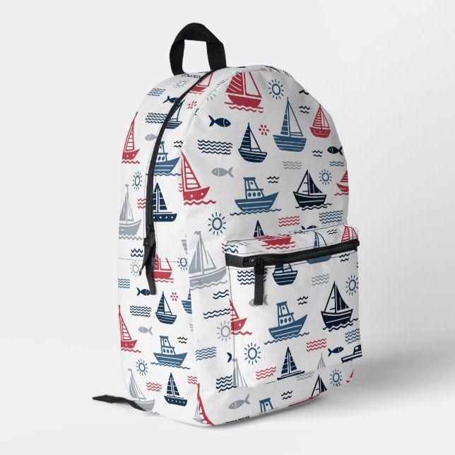 Nautical Pattern with Sailboats and Fish Printed Backpack (Back Corner Left)