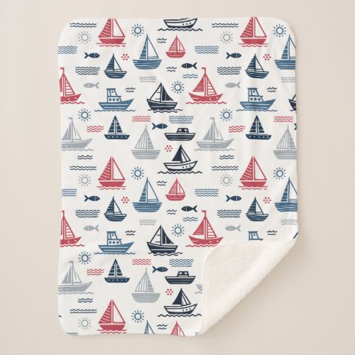 Nautical Pattern with Sailboats and Fish Sherpa Blanket