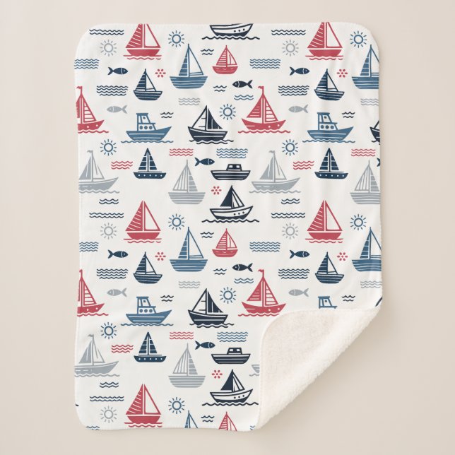Nautical Pattern with Sailboats and Fish Sherpa Blanket (Front)