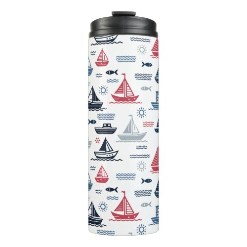 Nautical Pattern with Sailboats and Fish Thermal Tumbler