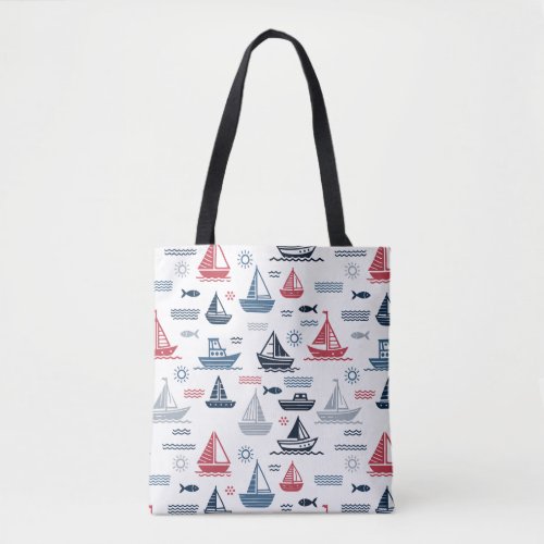 Nautical Pattern with Sailboats and Fish Tote Bag