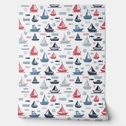 Nautical Pattern with Sailboats and Fish Wallpaper