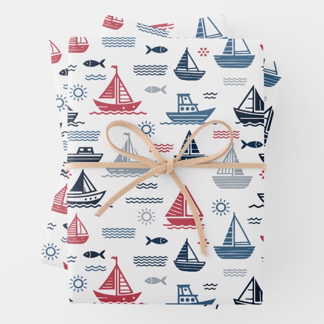 Nautical Pattern with Sailboats and Fish Wrapping Paper Sheets (In situ)